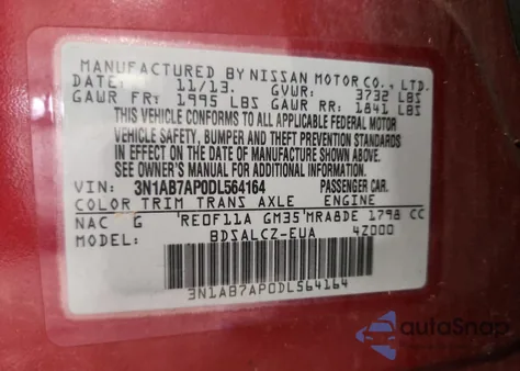 2013 Nissan Sentra S z USA, uszkodzony, nr VIN 3N1AB7AP0DL564164